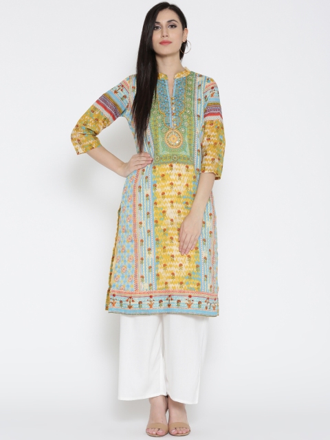 

Rangriti Women Beige & Blue Printed Straight Kurta