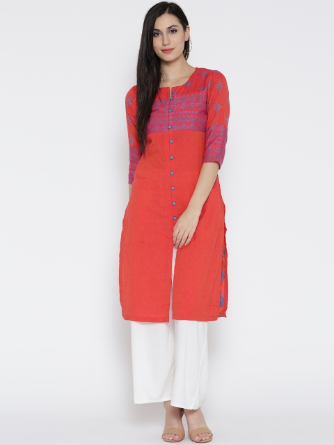 

Rangriti Women Coral Orange Woven Design Straight Kurta