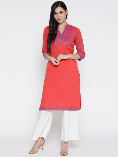 

Rangriti Women Coral Orange Woven Design Straight Kurta
