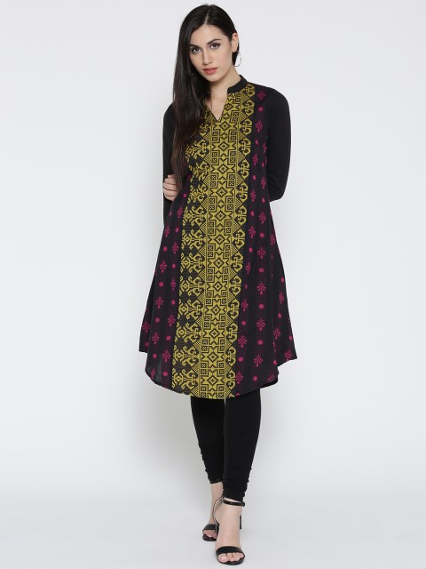 

Rangriti Women Black & Yellow Woven Design A-Line Kurta