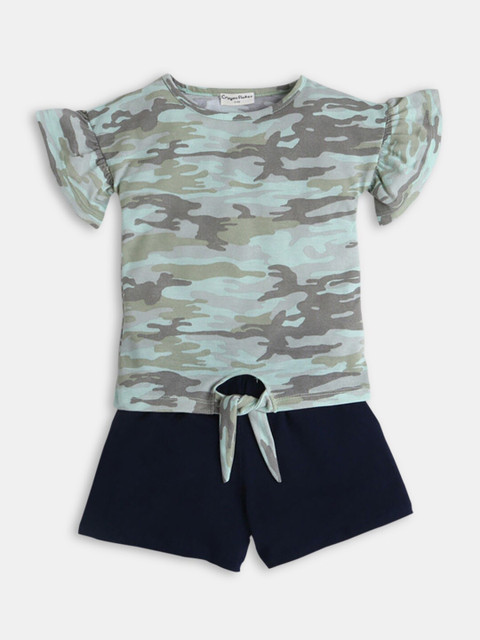 

Hopscotch Girls Green & Navy Blue Printed Top with Shorts