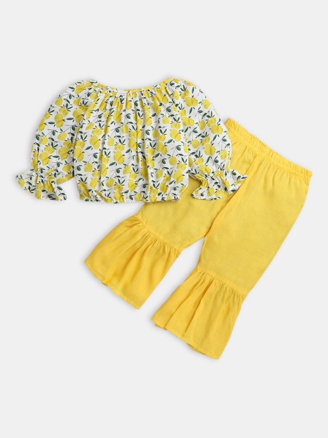 Hopscotch Girls White & Yellow Printed Top with Palazzos