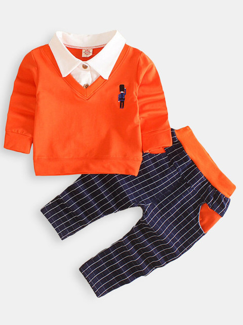 

Hopscotch Boys Orange & Blue T-shirt with Stripe Print Trouser