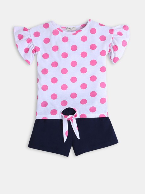 

Hopscotch Girls Off White And Blue Printed Pure Cotton Top With Shorts