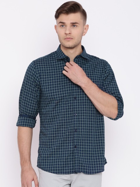 

Allen Solly Men Navy Blue & Green Slim Fit Checked Casual Shirt