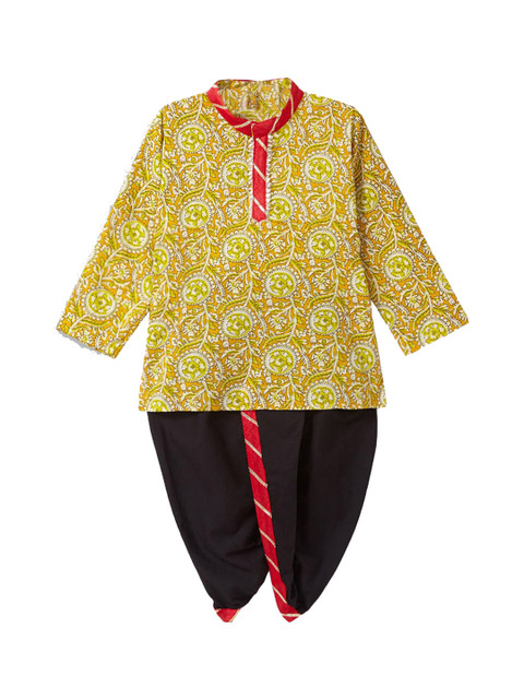 

Hopscotch Boys Yellow Floral Printed Straight Kurta with Dhoti Pants