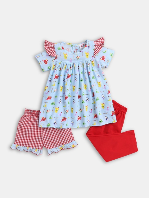 

Hopscotch Girls Blue & Red Printed Cotton Top ,Pyjama And Short Night suit 1161011