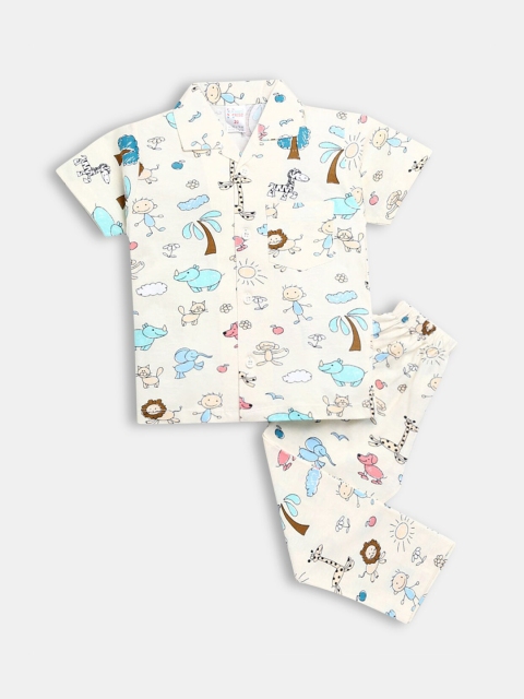

Hopscotch Boys Off White & Blue Printed Night suit