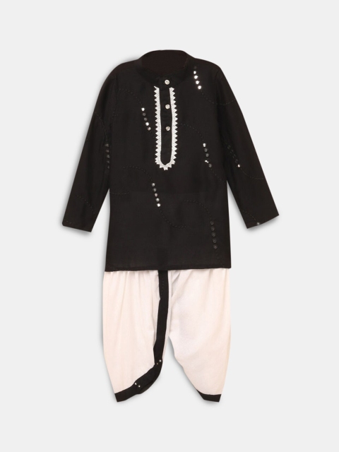 

Hopscotch Boys Black Floral Embroidered Mirror Work Kurta with Dhoti Pant
