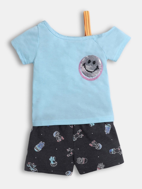 

Hopscotch Girls Blue & Grey Printed T-shirt with Shorts