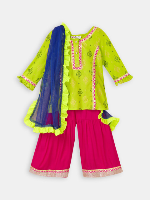 

Hopscotch Girls Green Ethnic Motifs Printed Gotta Patti Kurti with Sharara & With Dupatta