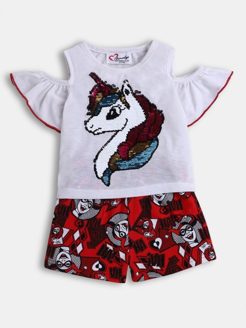 

Hopscotch Girls White & Red Embellished T-shirt with Shorts