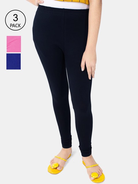 

FRENCH KLEIDER Girls Pack Of 3 Solid Churidar Length Leggings, Pink