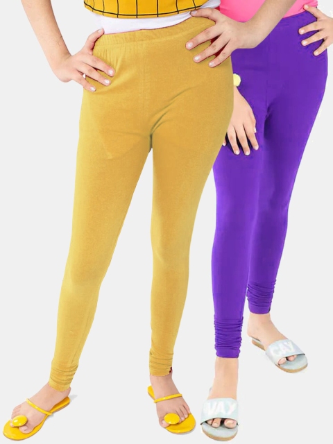 

FRENCH KLEIDER Girls Pack Of 3 Solid Churidar-Length Leggings, Blue