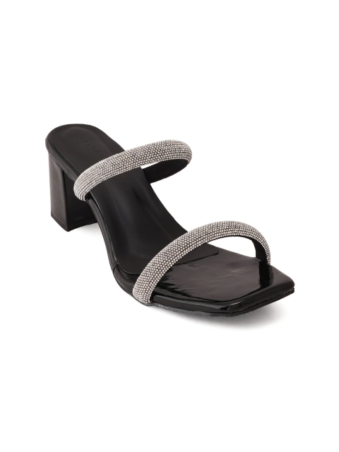 

SCENTRA Black & Grey Embellished Party Block Sandals with Tassels