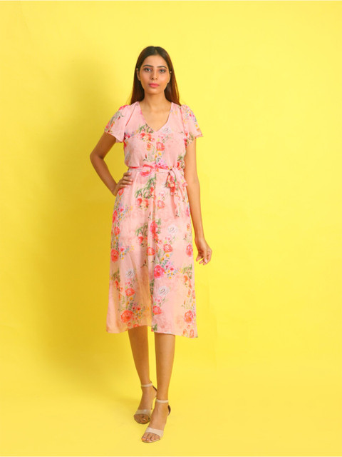

Rajoria Instyle Women Pink Floral Printed Georgette Midi Dress