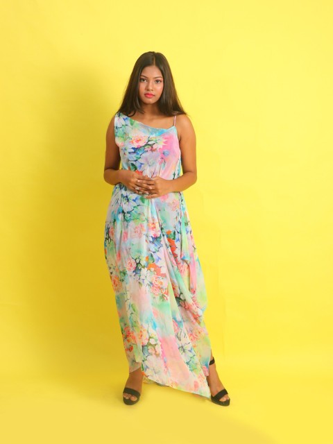 

Rajoria Instyle Pink & Blue Floral Georgette A-Line Maxi Dress