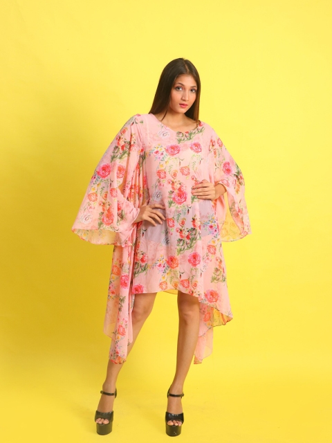 

Rajoria Instyle Peach-Coloured & Pink Floral Georgette Kaftan Coverup Dress