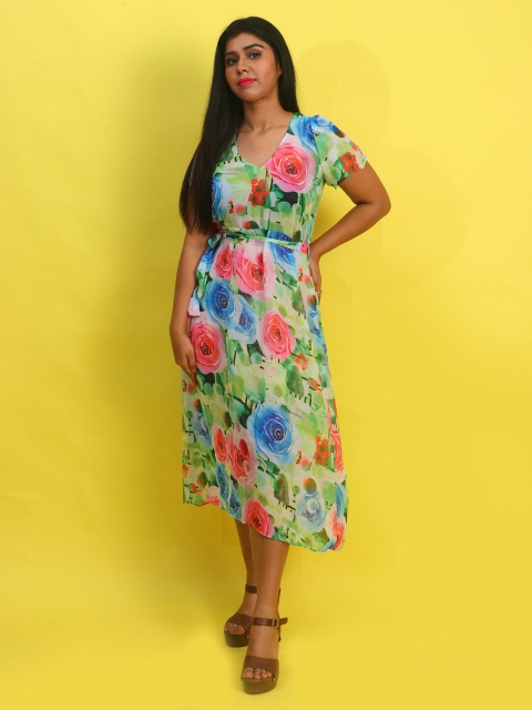 

Rajoria Instyle Women Green & Blue Floral Georgette A-Line Midi Dress