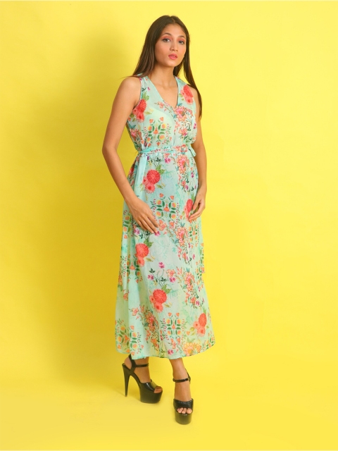 

Rajoria Instyle Women Green & Pink Floral Georgette A-Line Maxi Dress