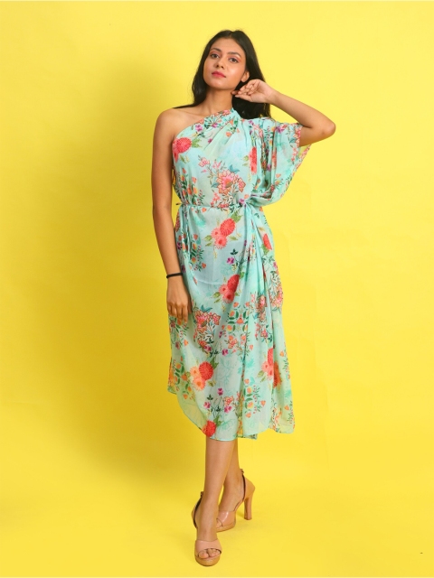 

Rajoria Instyle Green & Red Floral Print One Shoulder Georgette Kaftan Midi Dress