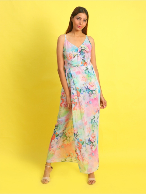 

Rajoria Instyle Women Blue & Pink Floral Printed Georgette Maxi Dress