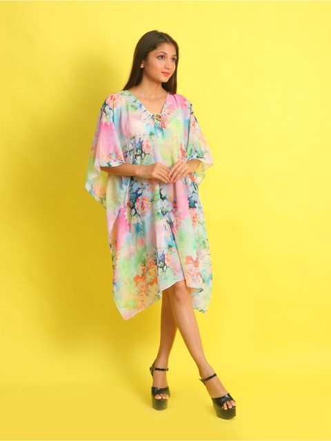 

Rajoria Instyle White & Pink Floral Georgette Ethnic Kaftan Dress