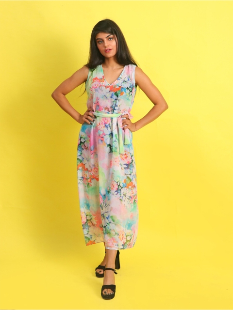 

Rajoria Instyle Women Blue & Pink Floral Printed Georgette A-Line Midi Dress
