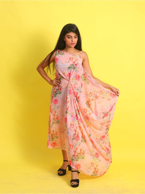 

Rajoria Instyle Peach & Pink Floral Georgette A-Line Maxi Coverup Dress