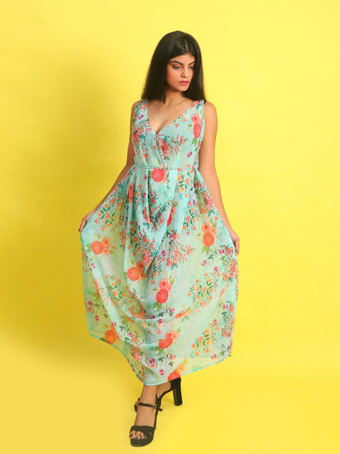 

Rajoria Instyle Sea Green & Red Floral Georgette Maxi Dress