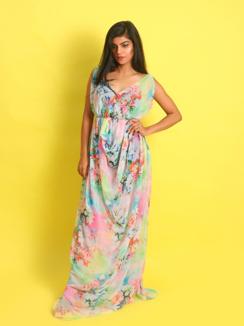 

Rajoria Instyle Blue & Pink Floral Georgette Maxi Dress