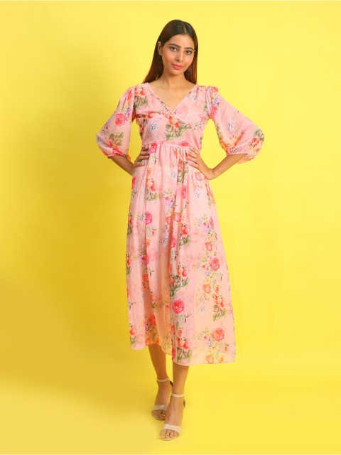 

Rajoria Instyle Women Pink & Green Floral Printed Georgette Midi Dress