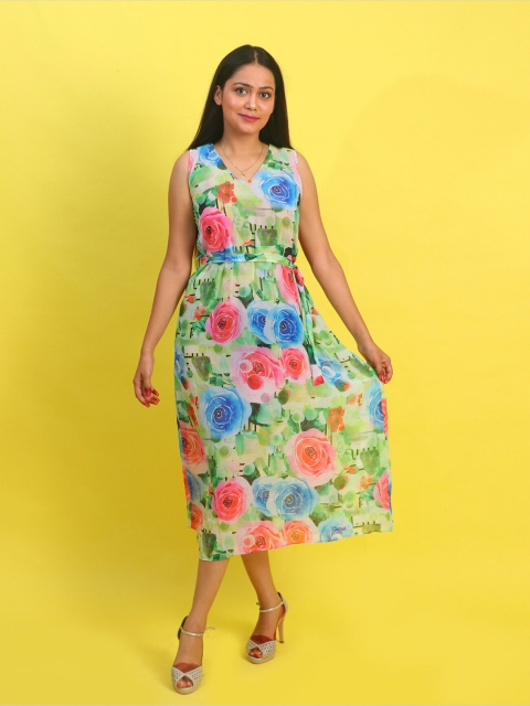 

Rajoria Instyle Women Green & Pink Floral Georgette Ethnic Midi Dress