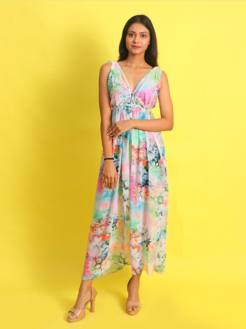 

Rajoria Instyle Sea Green & Pink Floral Georgette A-Line Maxi Beach Dress