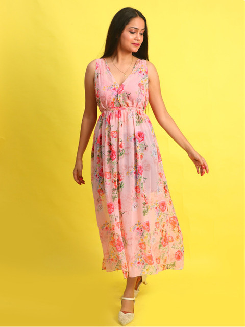 

Rajoria Instyle Pink & Red Floral Georgette Maxi Dress