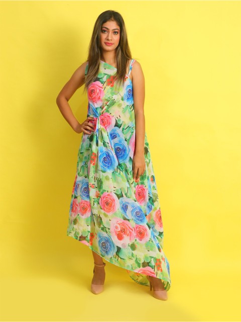 

Rajoria Instyle Women Green & Blue Floral One Shoulder Georgette Ethnic Maxi Dress
