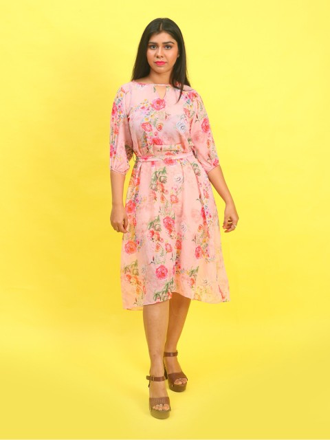 

Rajoria Instyle Women Pink Floral Keyhole Neck Georgette Dress