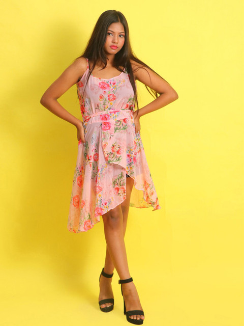 

Rajoria Instyle Women Coral & Green Floral Georgette A-Line Dress