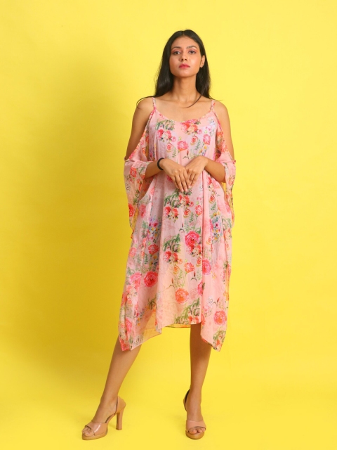 

Rajoria Instyle Women Pink & Green Floral Printed Georgette Kaftan Midi Dress