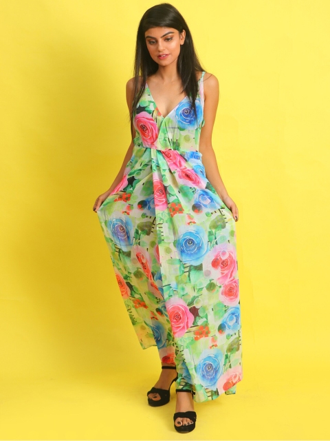 

Rajoria Instyle Women Green & Pink Floral Georgette Ethnic Maxi Dress
