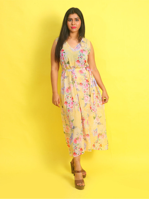 

Rajoria Instyle Yellow & Pink Floral Georgette Midi Dress