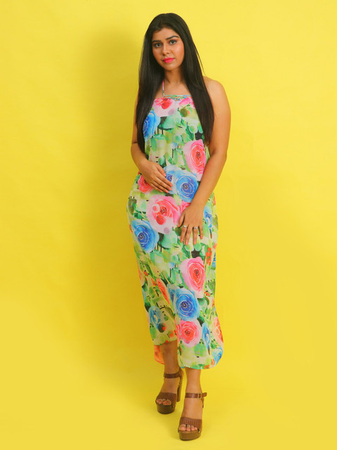 

Rajoria Instyle Women Green & Blue Floral Printed Halter Neck Beach Maxi Dress