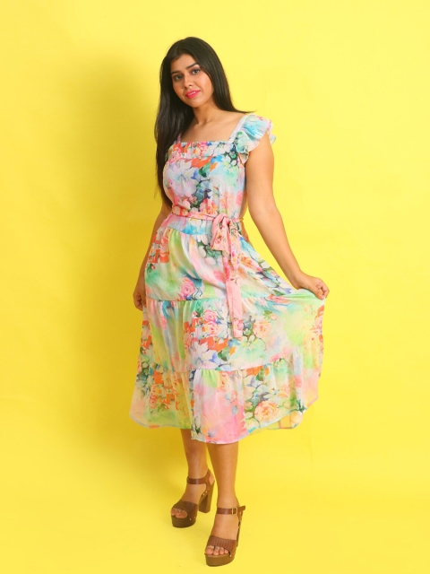 

Rajoria Instyle Pink & Green Floral Georgette A-Line Midi Dress