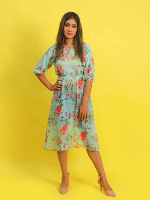 

Rajoria Instyle Blue & Orange Floral Printed Georgette Midi Dress
