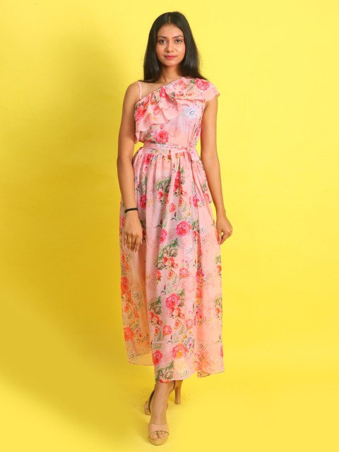 

Rajoria Instyle Women Pink Floral One Shoulder Georgette Maxi Dress