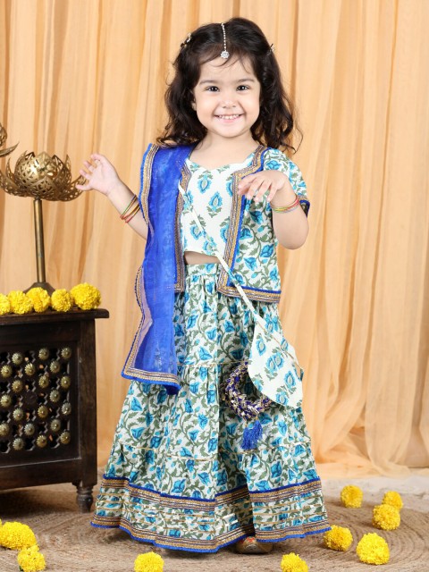 

kidcetra Girls White & Blue Embellished Ready to Wear Lehenga & Blouse With Dupatta