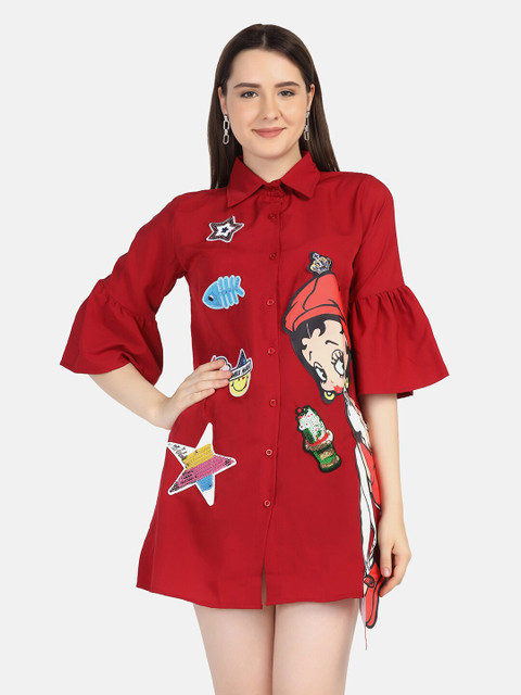 

BUY NEW TREND Maroon Crepe Shirt Mini Dress