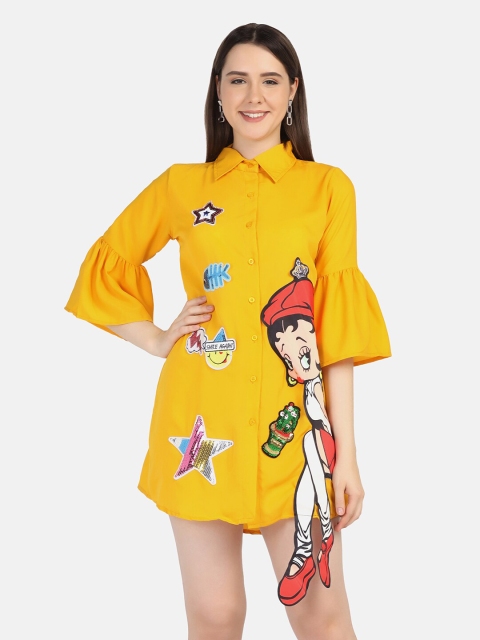

BUY NEW TREND Women Yellow Relaxed Printed Long Casual Shirt