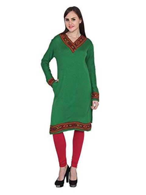 

Vastraa Fusion Green V-Neck Solid Woolen Kurti