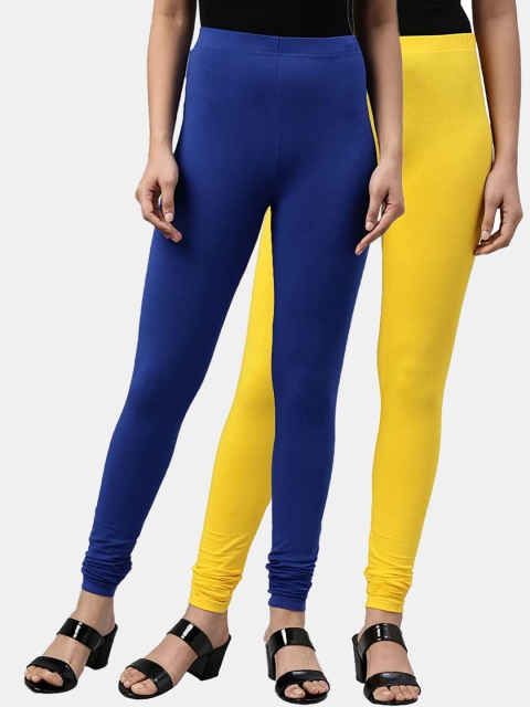 

FRENCH KLEIDER Girls Pack of 2 Yellow & Blue Solid Churidar-Length Cotton Leggings